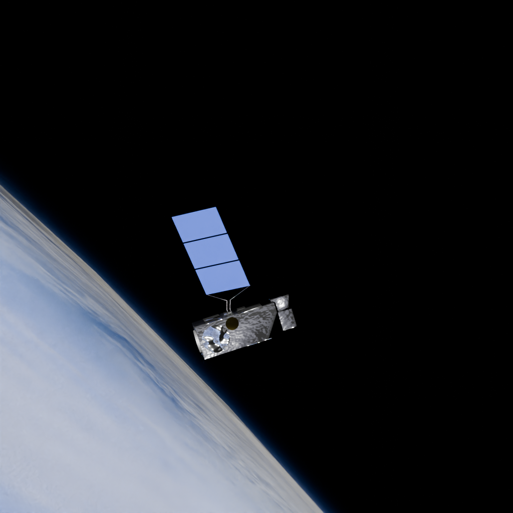 Synthetic RGB image of Sentinel-3B satellite with Earth partial background generated by SatScenes pipeline
